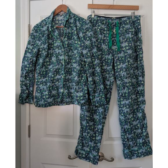 J. Crew Cotton Poplin Pajamas Fauna Floral Blue Leopard - Picture 2 of 13